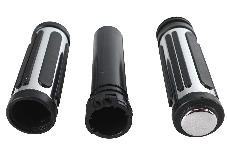 Chrome and rubber grip set for Harley-Davidson with black bar-style rubber design replaces OEM 56263-96A