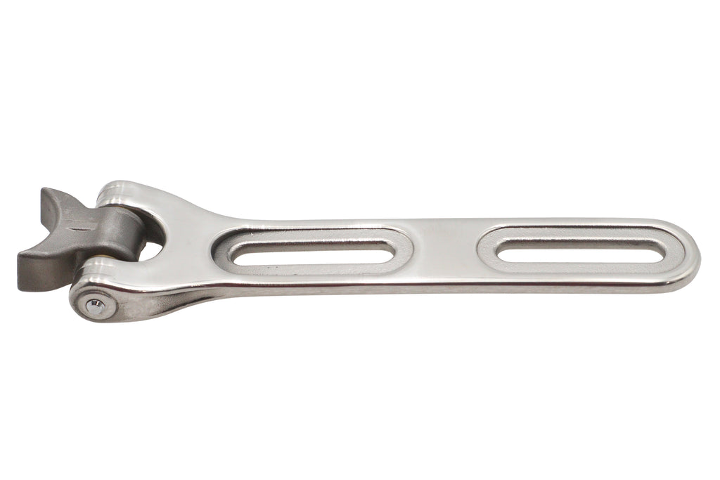 Solo seat hinge bracket with polished stainless steel bracket and weld-on steel hinge for chopper build