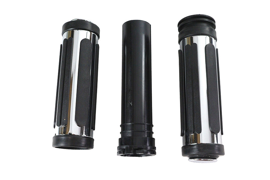 Chrome and rubber grip set for Harley-Davidson with black bar-style rubber design replaces OEM 56263-96A