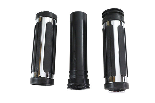 Chrome and rubber grip set for Harley-Davidson with black bar-style rubber design replaces OEM 56263-96A