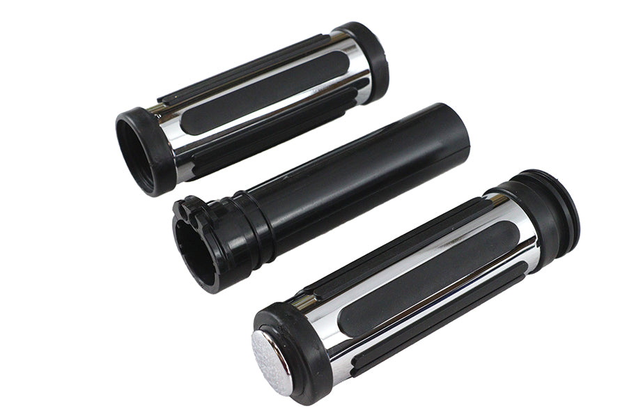 Chrome and rubber grip set for Harley-Davidson with black bar-style rubber design replaces OEM 56263-96A
