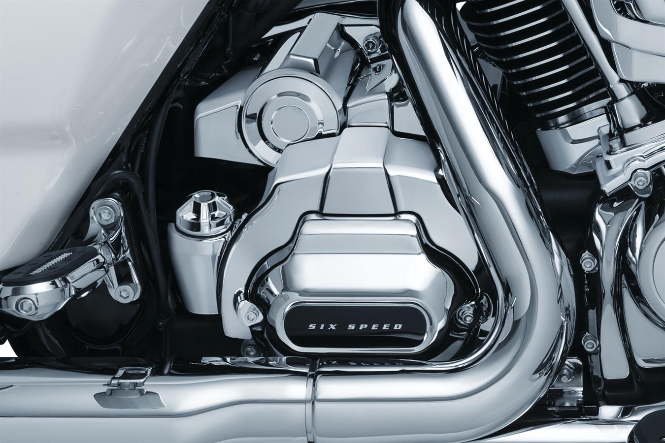 Kuryakyn Precision chrome transmission shroud installed on Harley-Davidson Touring model