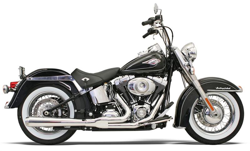 Bassani chrome Road Rage 2-1 exhaust system for Harley Softail

Harley Davidson Softail stepped header 2 into 1 exhaust

Bassani Road Rage reverse cone megaphone muffler chrome

Softail performance exhaust system Bassani Road Rage

Boomers Bike Shop Bassani chrome 2-1 Softail exhaust
