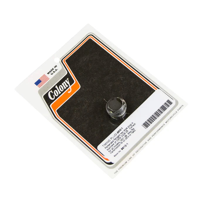 Colony timing plug for Harley Davidson 1931 to 1938

Harley timing hole plug replaces OEM 2326-26

Parkerized hex timing plug 5/8-18 Harley models

Vintage Harley timing inspection plug Colony

Boomers Bike Shop Colony Harley timing plug