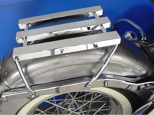 “Chrome three-channel luggage rack for Harley FLST 1986-2006 and FXST 1984-2006, classic 60s style with bolt kit”