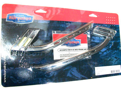 Kuryakyn 8674 chrome mid-frame air and heat deflector accents installed on Harley-Davidson motorcycle