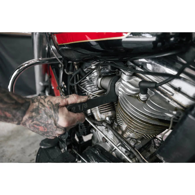 2-1/8 inch intake wrench for Harley Knucklehead engines

Harley Davidson Panhead intake wrench parkerized steel

Large port Knucklehead intake service wrench reproduction

Rough Trade USA 2-1/8 intake wrench made in Ohio

Boomers Bike Shop Harley intake wrench for vintage engines