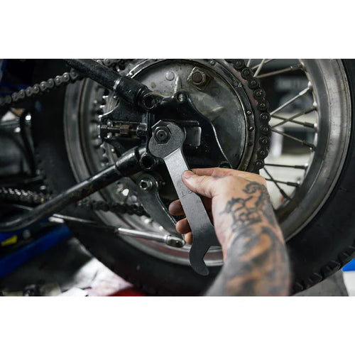 Axle wrench for Harley Big Twin rigid frame motorcycles

Harley Davidson rigid frame axle wrench parkerized steel

Vintage Harley axle wrench reproduction tool kit style

Rough Trade USA Harley axle wrench made in Ohio

Boomers Bike Shop Big Twin rigid frame axle wrench