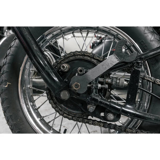 Axle wrench for Harley Davidson 45 cubic inch models

Harley 45 axle wrench reproduction tool kit style

Vintage Harley 45 axle wrench parkerized steel

Rough Trade USA axle wrench for Harley 45 models

Boomers Bike Shop Harley 45 axle wrench