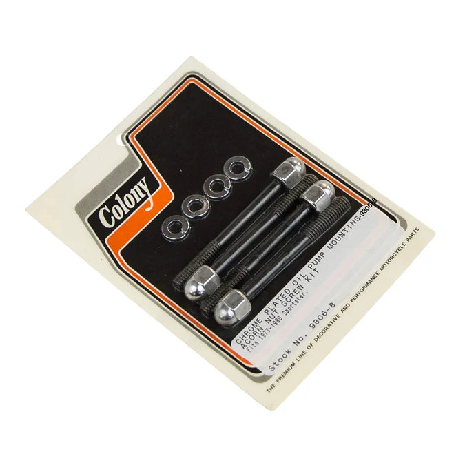 Colony 9806-8 chrome oil pump mounting bolt kit with acorn nuts for 1977-1990 Harley-Davidson Sportster