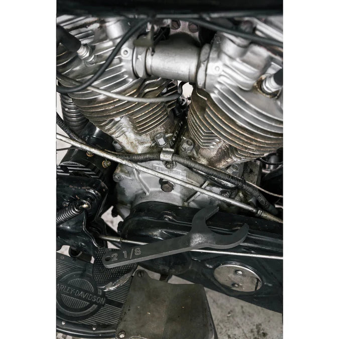 2-1/8 inch intake wrench for Harley Knucklehead engines

Harley Davidson Panhead intake wrench parkerized steel

Large port Knucklehead intake service wrench reproduction

Rough Trade USA 2-1/8 intake wrench made in Ohio

Boomers Bike Shop Harley intake wrench for vintage engines
