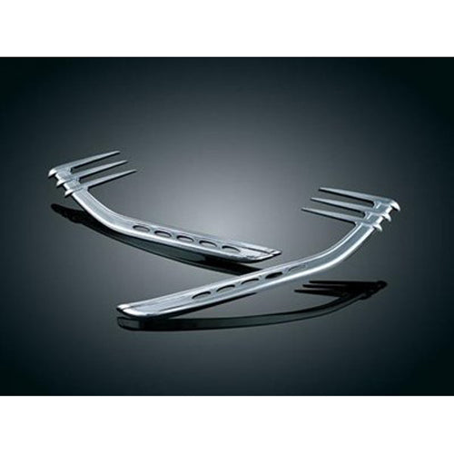 Kuryakyn 8674 chrome mid-frame air and heat deflector accents installed on Harley-Davidson motorcycle