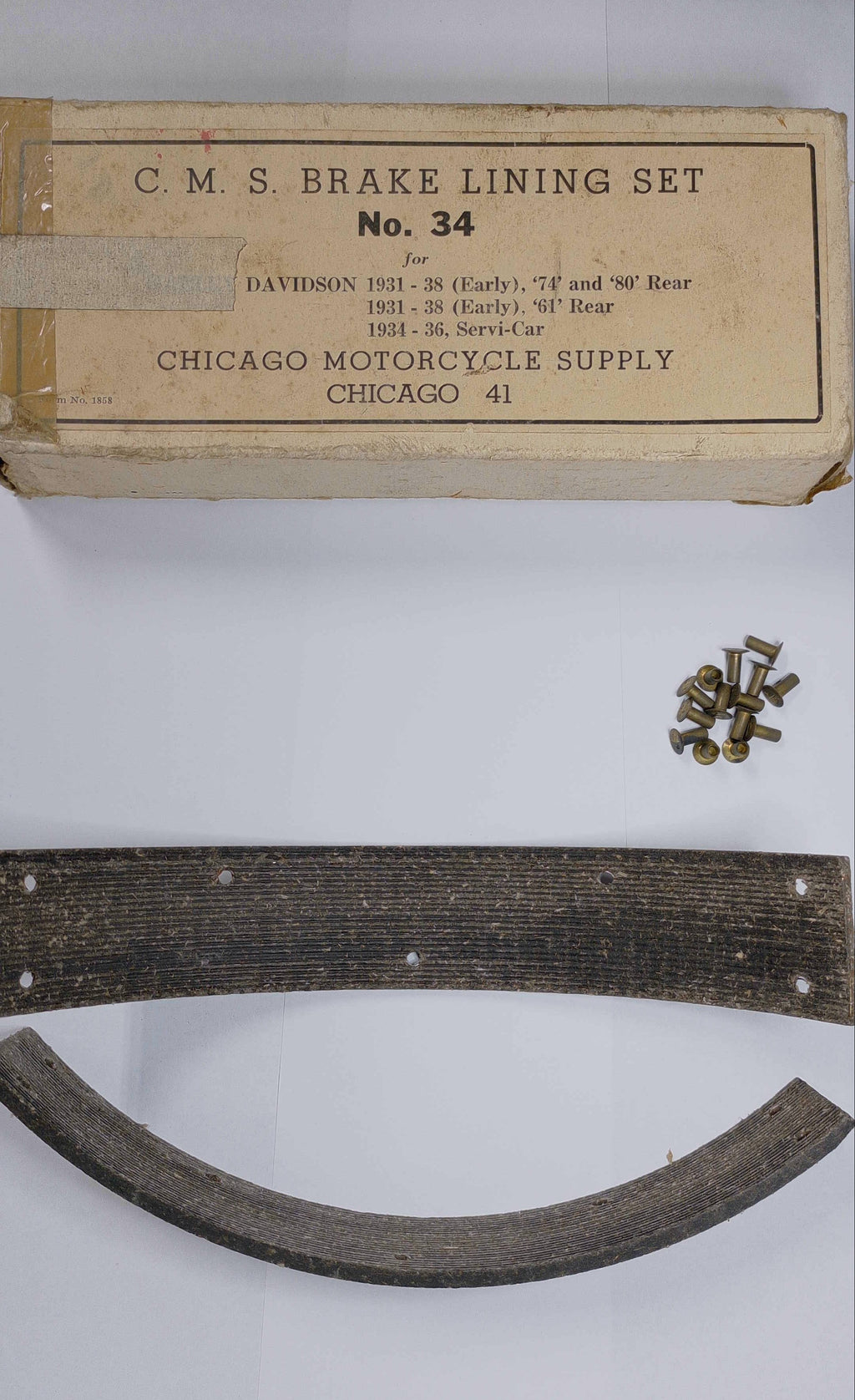 C.M.S. No. 34 brake lining set for Harley 61 74 80 Big Twin and Servi-Car 1931-1938