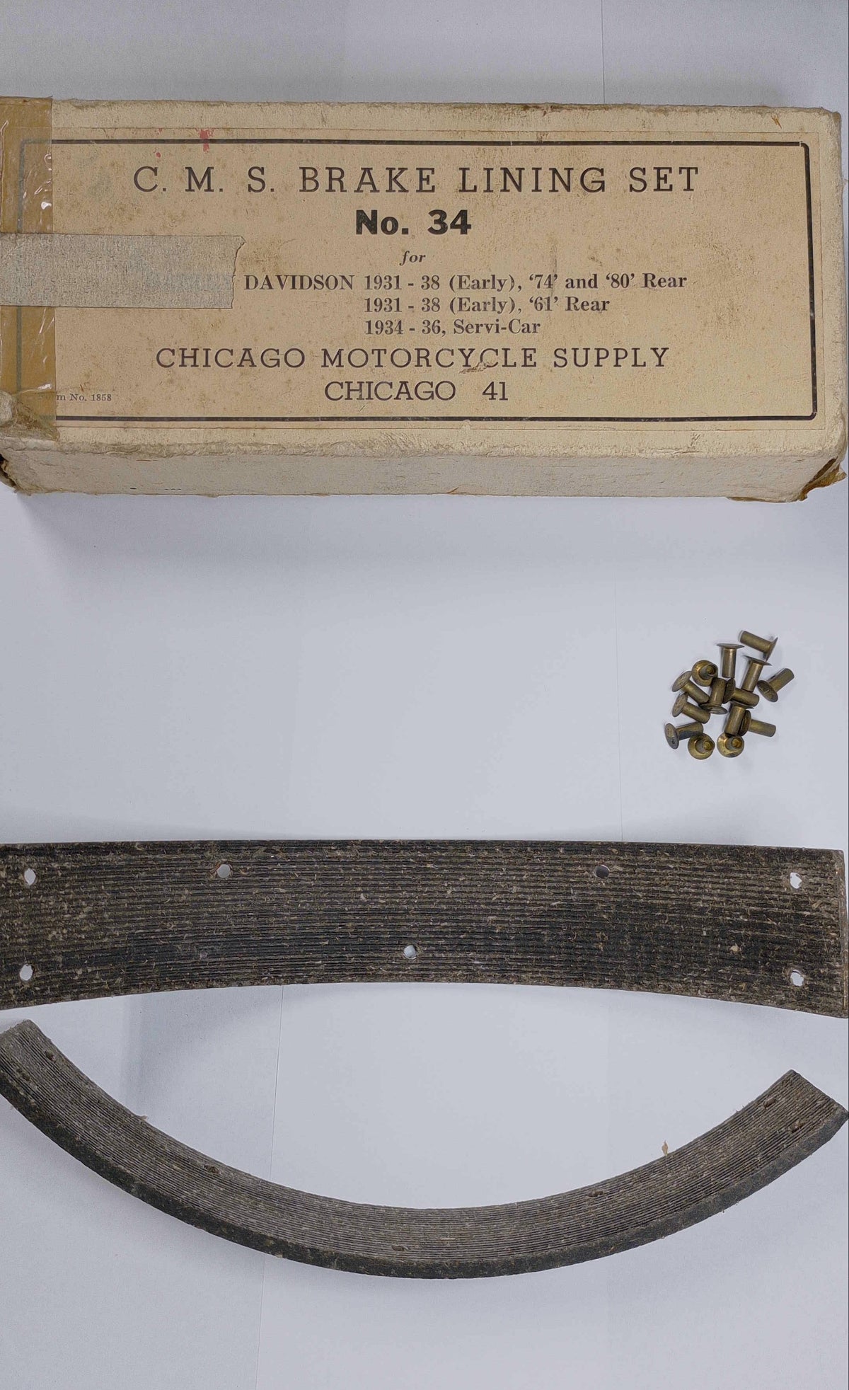 C.M.S. No. 34 brake lining set for Harley 61 74 80 Big Twin and Servi-Car 1931-1938